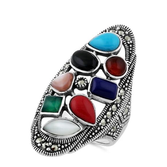 Rainbow Genuine Stone Oval Ring Womens Causal Sterling Silver Statement Jewelry - Picture 1 of 5